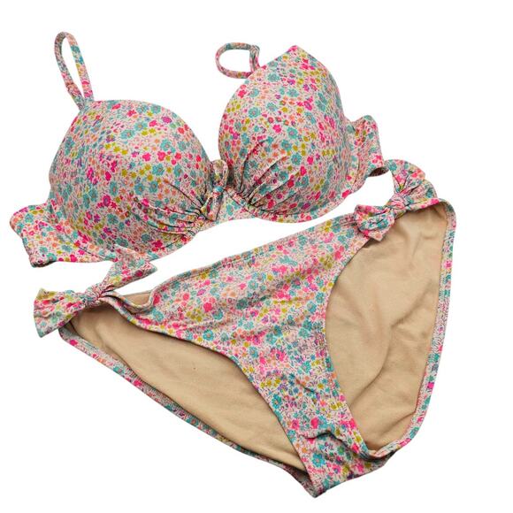 Old Navy Womens Sz M/L Bikini Swimsuit Set Neon Floral Print Padded Top - Picture 1 of 5